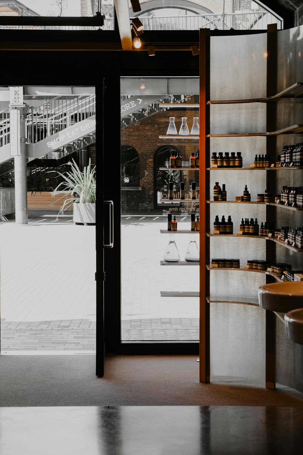 The quiet interior of an apothecary, shelves lined with bottles