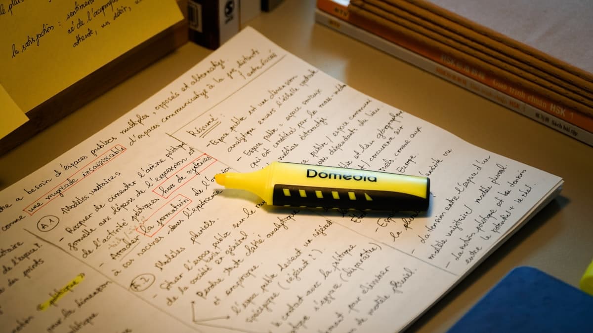 A yellow highlighter resting on a page of handwritten notes