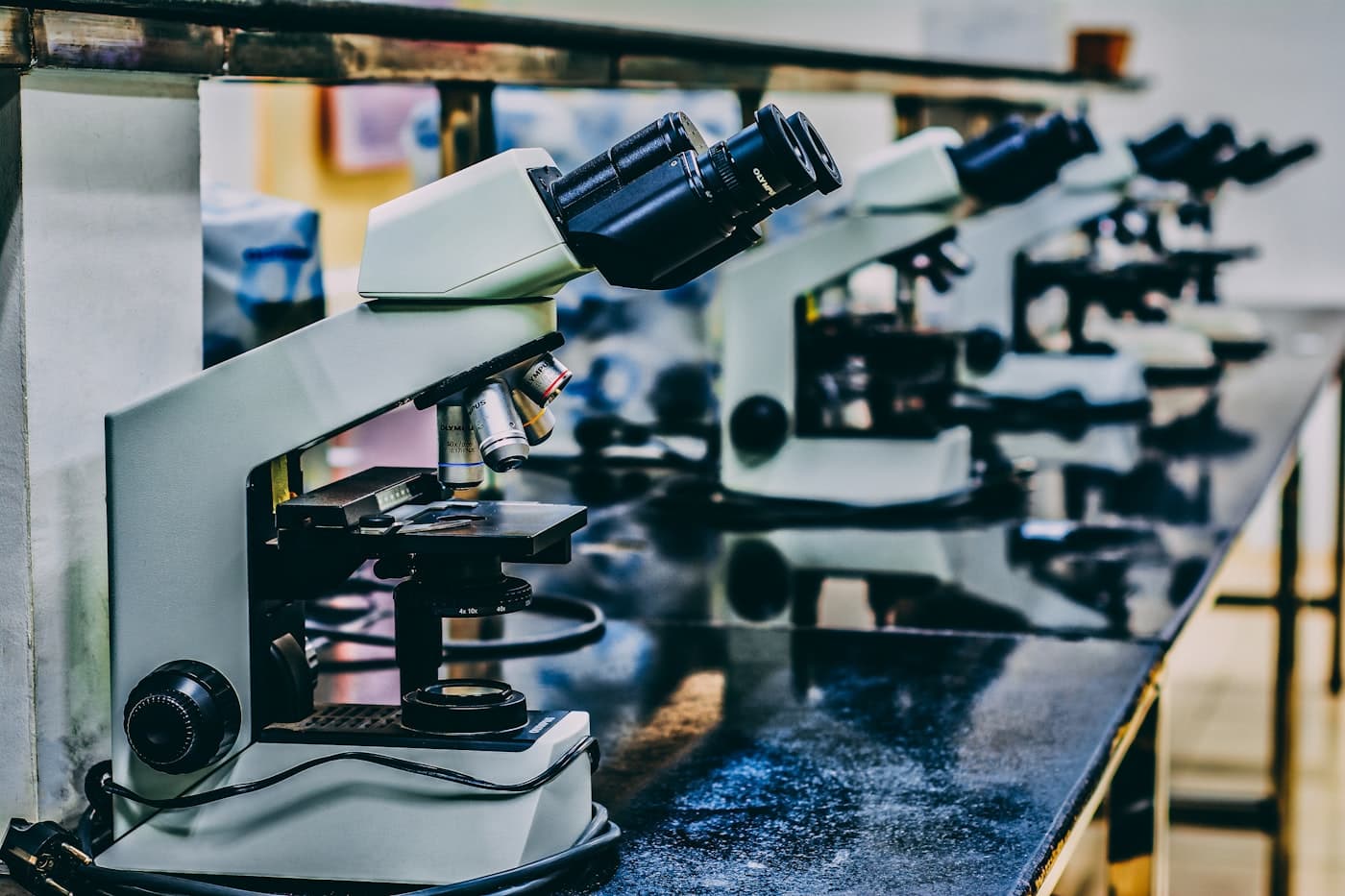 A microscope on a laboratory bench